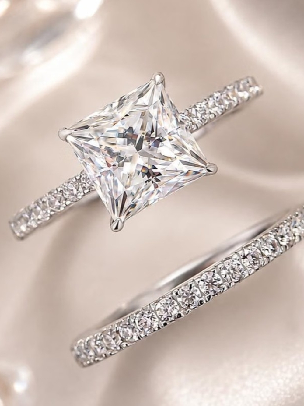 .925 Sterling Silver Moissanite Classic 2.0 CT Princess-Cut Ring Set